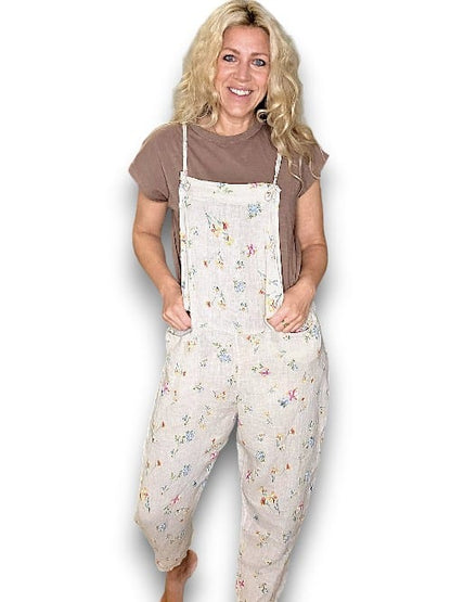 Beige Windy Bloom Tie it your way-Linen Jumpsuit