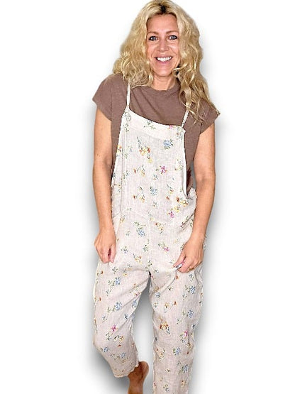 Beige Windy Bloom Tie it your way-Linen Jumpsuit