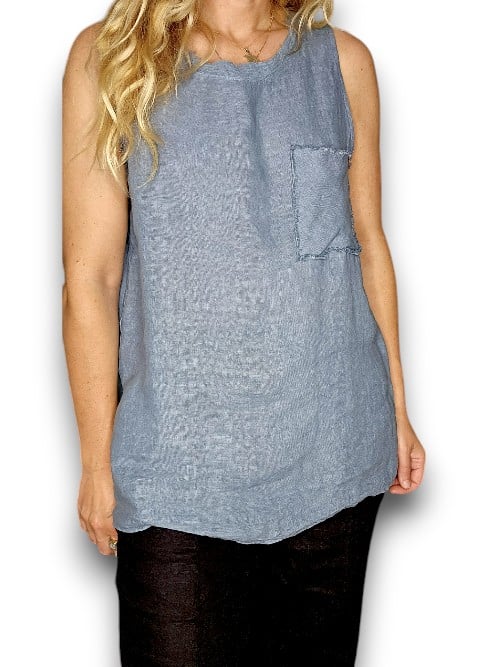 Plain Petrol Gauze Neckline Linen Tank