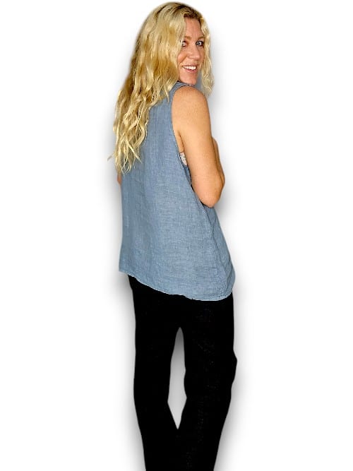 Plain Petrol Gauze Neckline Linen Tank
