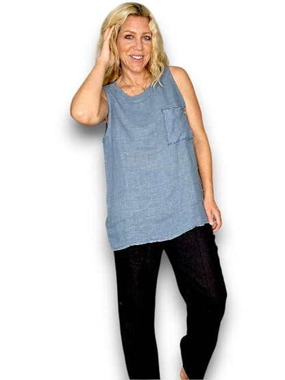 Plain Petrol Gauze Neckline Linen Tank
