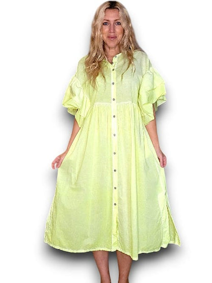 Neon Yellow Bianca Cotton front button Frill Dress