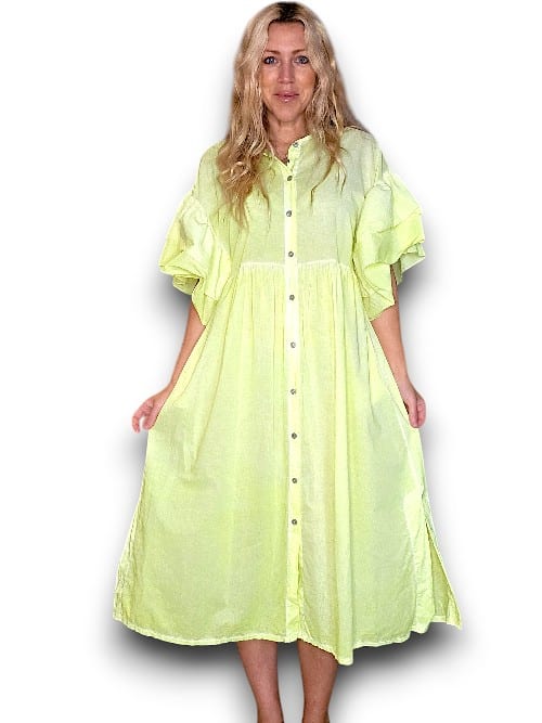 Neon Yellow Bianca Cotton front button Frill Dress