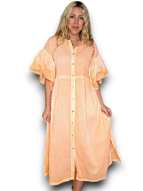 Neon Orange Bianca Cotton front button Frill Dress