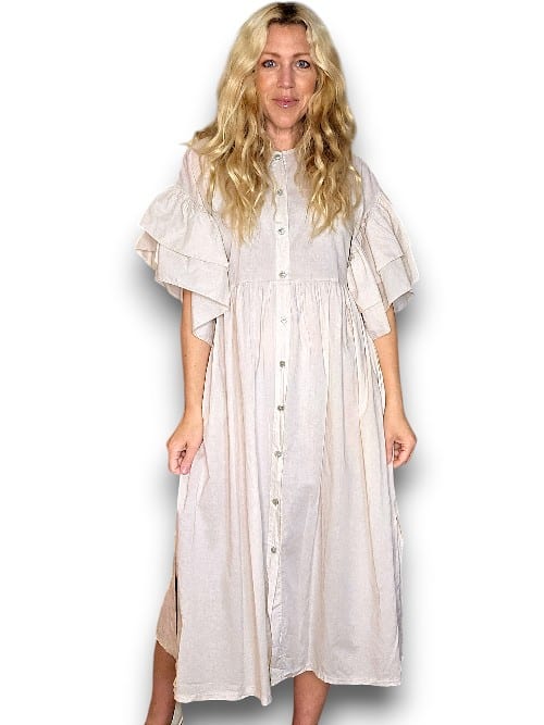 Beige Bianca Cotton front button Frill Dress