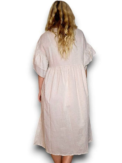 Beige Bianca Cotton front button Frill Dress