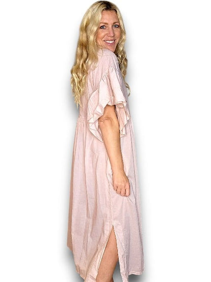 Baby Pink Bianca Cotton front button Frill Dress