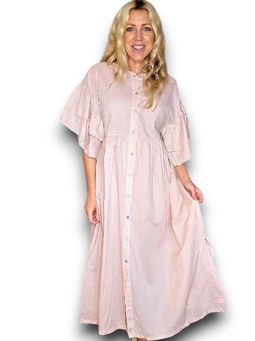 Baby Pink Bianca Cotton front button Frill Dress