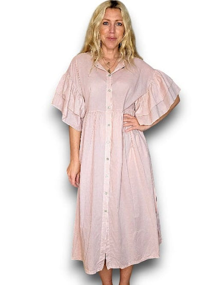 Baby Pink Bianca Cotton front button Frill Dress