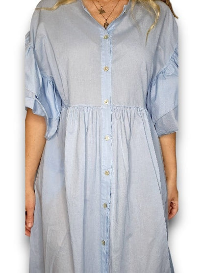 Baby Blue Bianca Cotton front button Frill Dress
