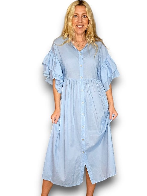 Baby Blue Bianca Cotton front button Frill Dress