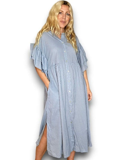 Light Petrol Bianca Cotton front button Frill Dress