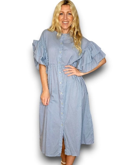 Light Petrol Bianca Cotton front button Frill Dress