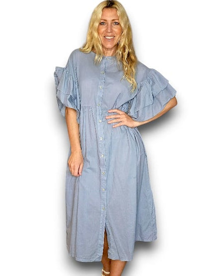 Light Petrol Bianca Cotton front button Frill Dress