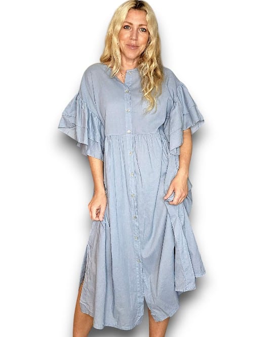 Light Petrol Bianca Cotton front button Frill Dress