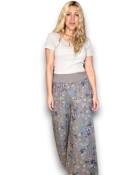 Mocha Wild Garden elastic waist linen pant