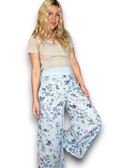 Baby Blue Wild Garden elastic waist linen pant