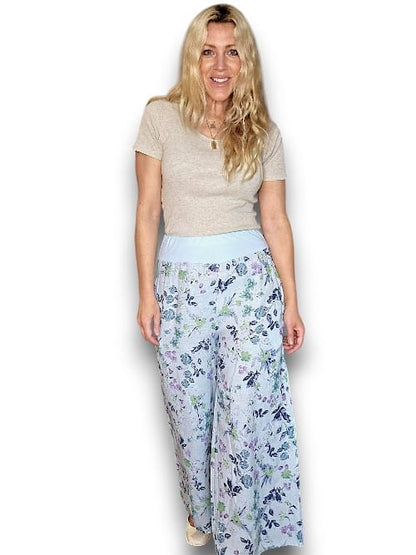 Baby Blue Wild Garden elastic waist linen pant