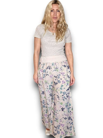 Beige Wild Garden elastic waist linen pant