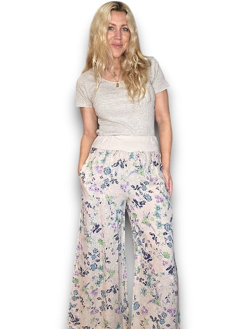 Beige Wild Garden elastic waist linen pant