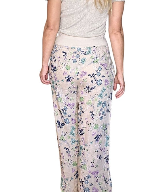 Beige Wild Garden elastic waist linen pant
