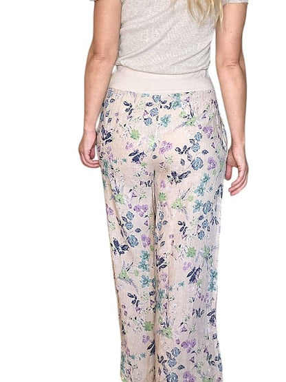 Beige Wild Garden elastic waist linen pant