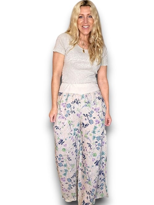 Beige Wild Garden elastic waist linen pant