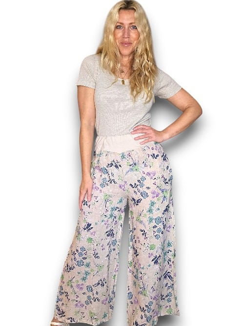 Beige Wild Garden elastic waist linen pant