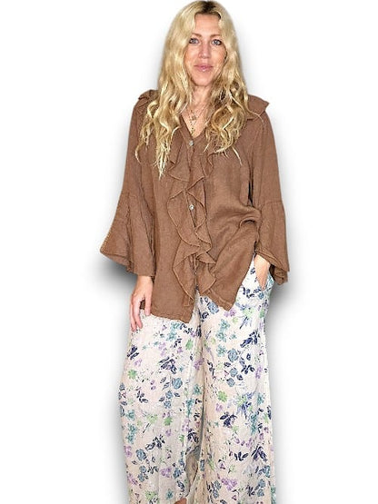 Coffee Plain Madrid Linen Frill Tunic