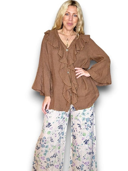 Coffee Plain Madrid Linen Frill Tunic