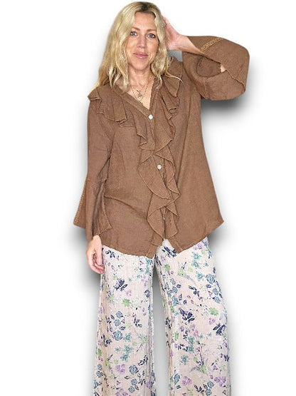 Coffee Plain Madrid Linen Frill Tunic