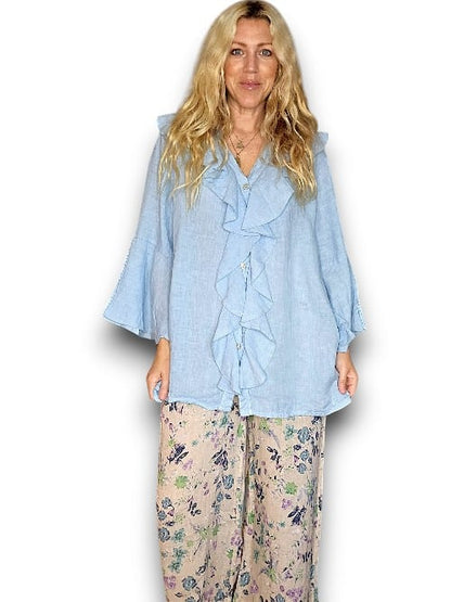 Bright Blue Plain Madrid Linen Frill Tunic