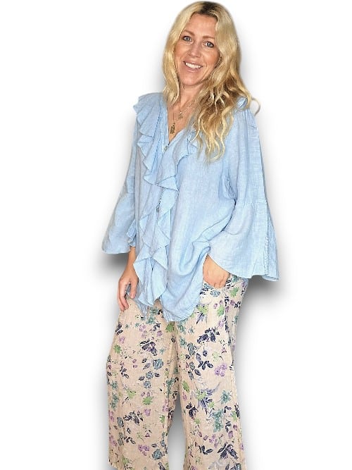 Bright Blue Plain Madrid Linen Frill Tunic