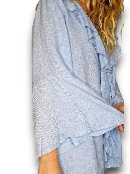 Bright Blue Plain Madrid Linen Frill Tunic