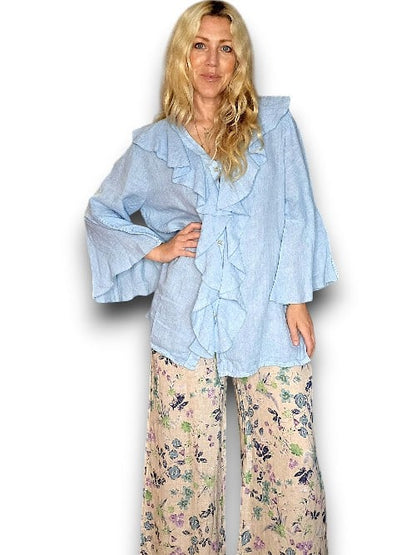Bright Blue Plain Madrid Linen Frill Tunic