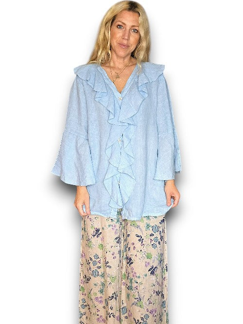 Bright Blue Plain Madrid Linen Frill Tunic