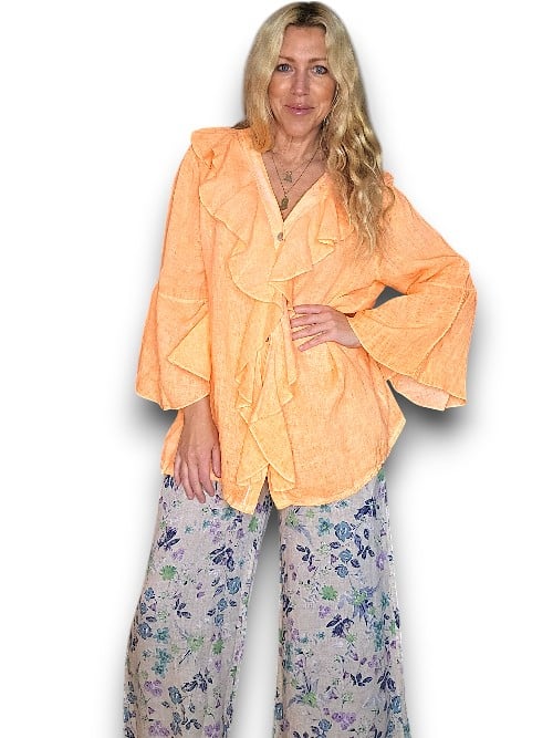 Neon Orange Plain Madrid Linen Frill Tunic