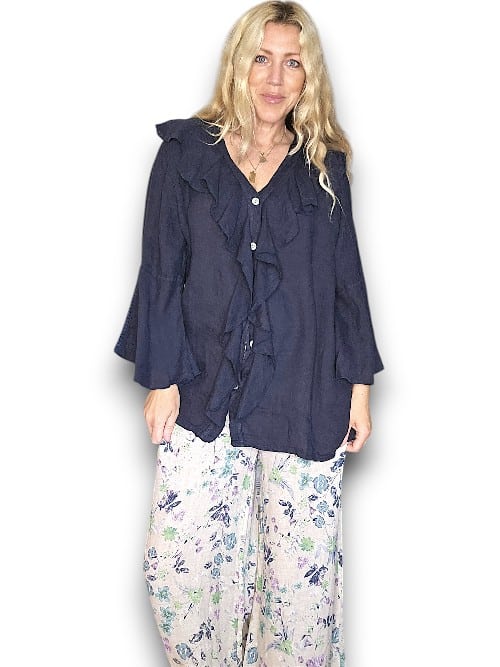 Navy Plain Madrid Linen Frill Tunic