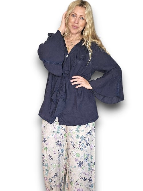 Navy Plain Madrid Linen Frill Tunic