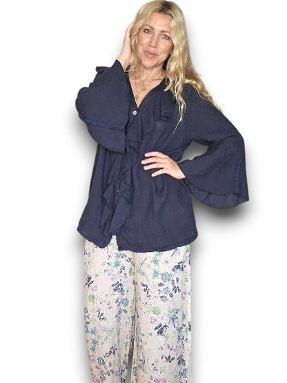 Navy Plain Madrid Linen Frill Tunic