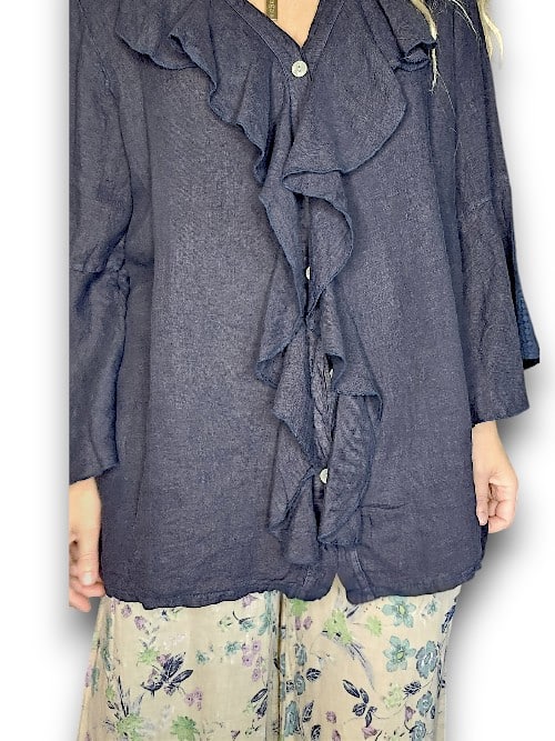 Navy Plain Madrid Linen Frill Tunic
