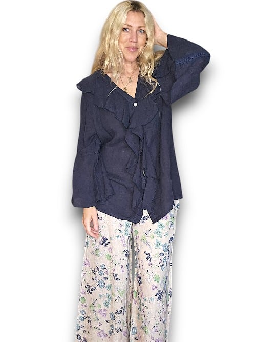Navy Plain Madrid Linen Frill Tunic