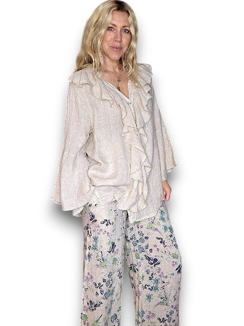 Beige Plain Madrid Linen Frill Tunic