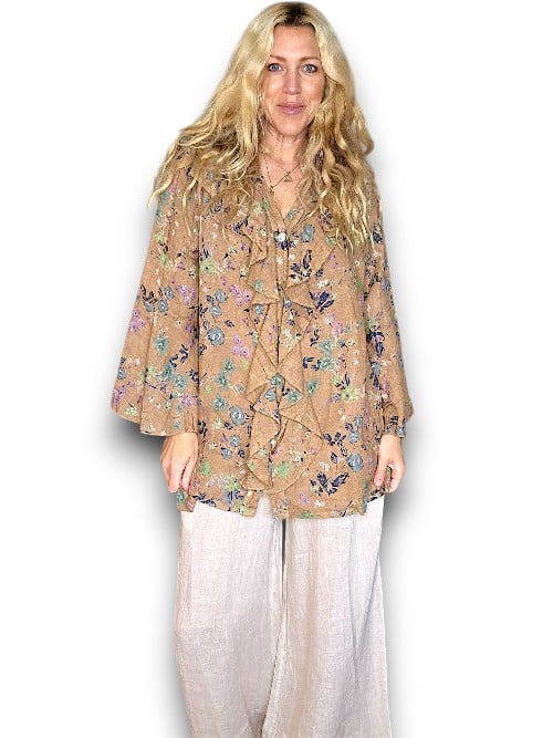 Coffee Wild Garden Madrid Linen Frill Tunic