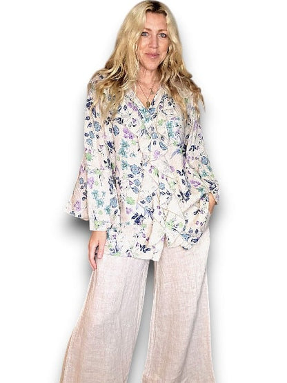Beige Wild Garden Madrid Linen Frill Tunic