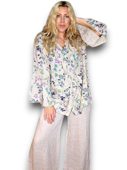 Beige Wild Garden Madrid Linen Frill Tunic