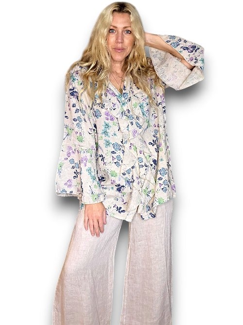 Beige Wild Garden Madrid Linen Frill Tunic
