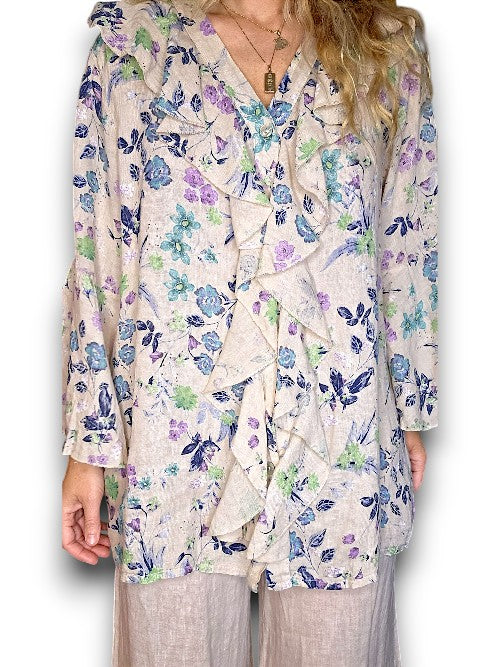 Beige Wild Garden Madrid Linen Frill Tunic