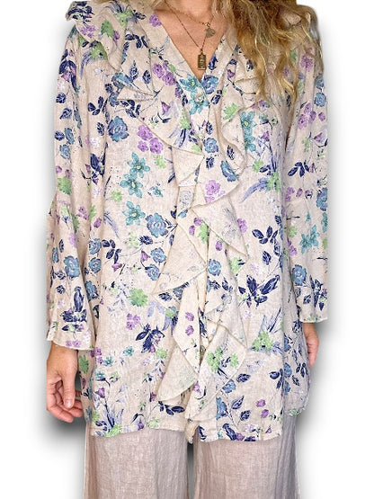 Beige Wild Garden Madrid Linen Frill Tunic