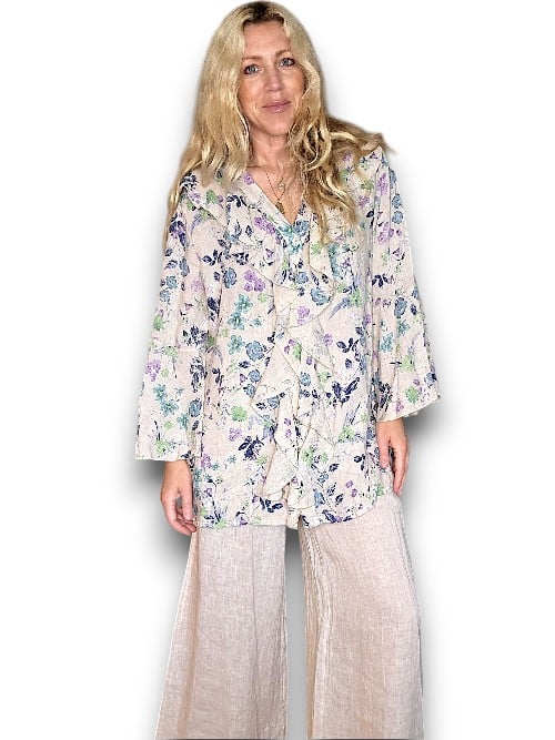 Beige Wild Garden Madrid Linen Frill Tunic